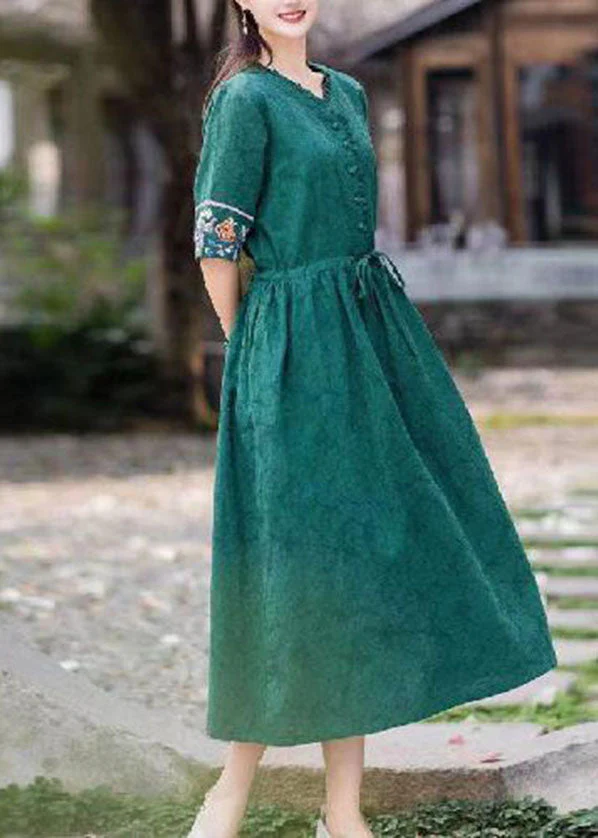 Italian Orange V Neck Tie Waist Embroideried Cotton Dresses Short Sleeve - Image 3
