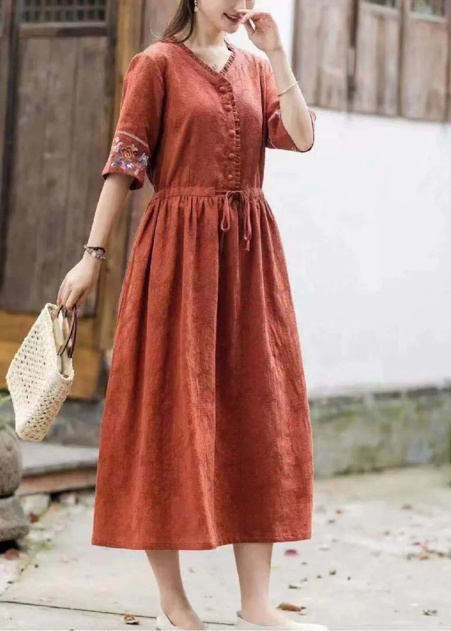 Italian Orange V Neck Tie Waist Embroideried Cotton Dresses Short Sleeve - Image 4