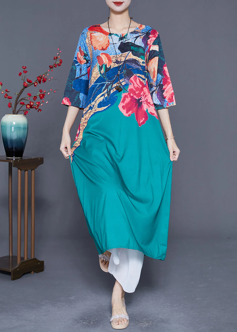 Italian Peacock Blue O-Neck Print Chiffon Maxi Dresses Half Sleeve - Image 2