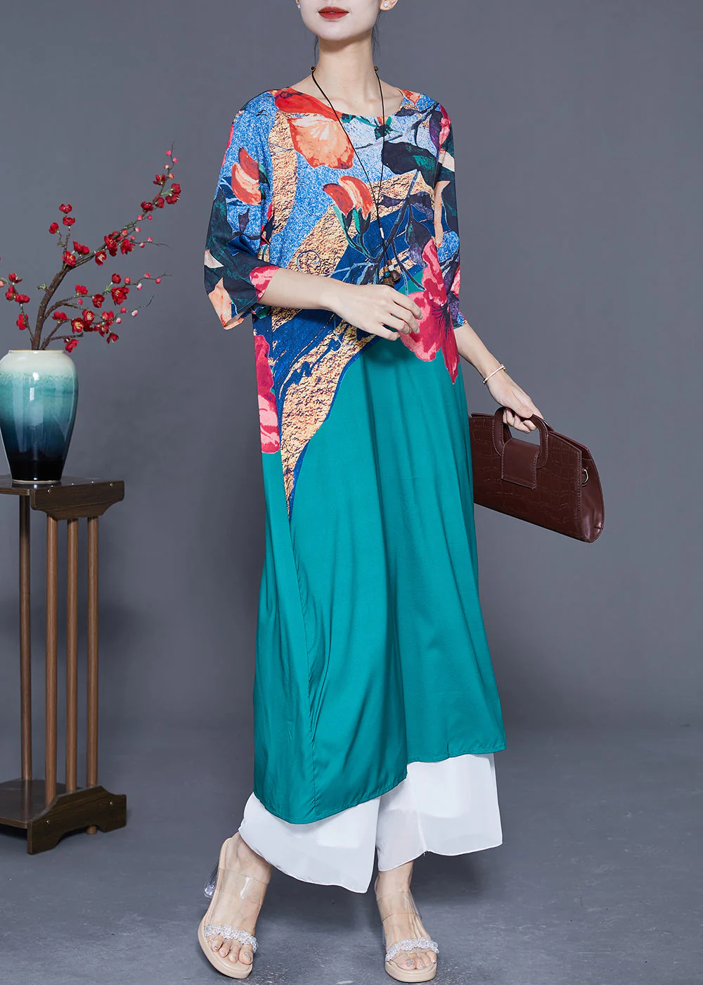 Italian Peacock Blue O-Neck Print Chiffon Maxi Dresses Half Sleeve - Image 3