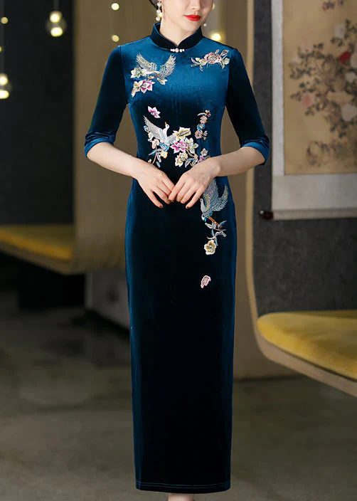 Italian Peacock Blue Stand Collar Embroidered Silk Velour Dresses Half Sleeve - Image 2