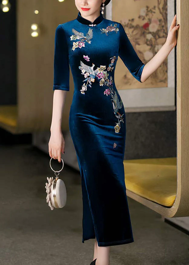 Italian Peacock Blue Stand Collar Embroidered Silk Velour Dresses Half Sleeve - Image 3