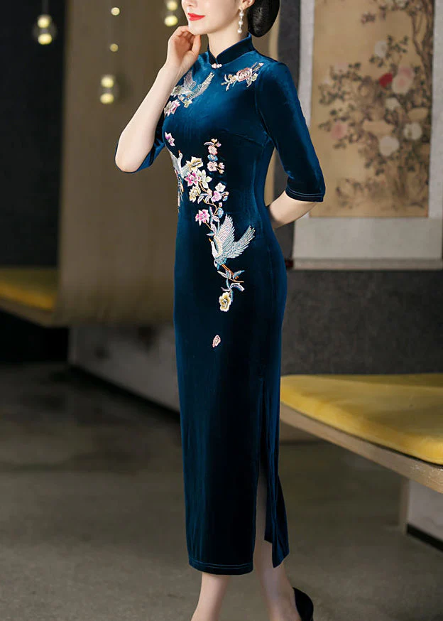 Italian Peacock Blue Stand Collar Embroidered Silk Velour Dresses Half Sleeve - Image 4