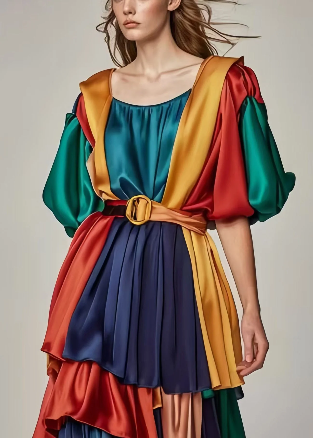 Italian Peacock Green Cinched Patchwork Silk Dresses Lantern Sleeve - Image 2