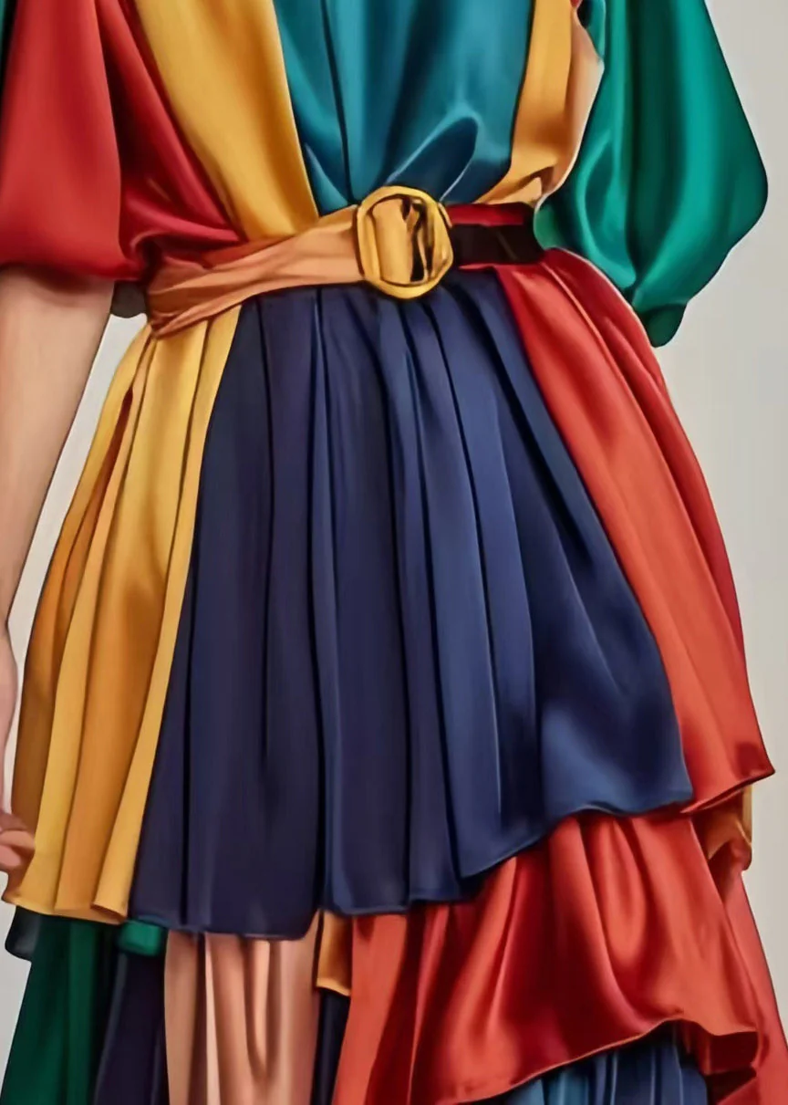 Italian Peacock Green Cinched Patchwork Silk Dresses Lantern Sleeve - Image 5