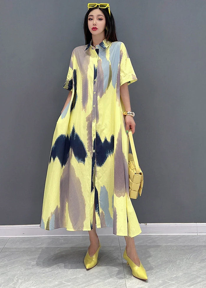 Italian Peter Pan Collar Print Button Long Dress Short Sleeve - Image 2