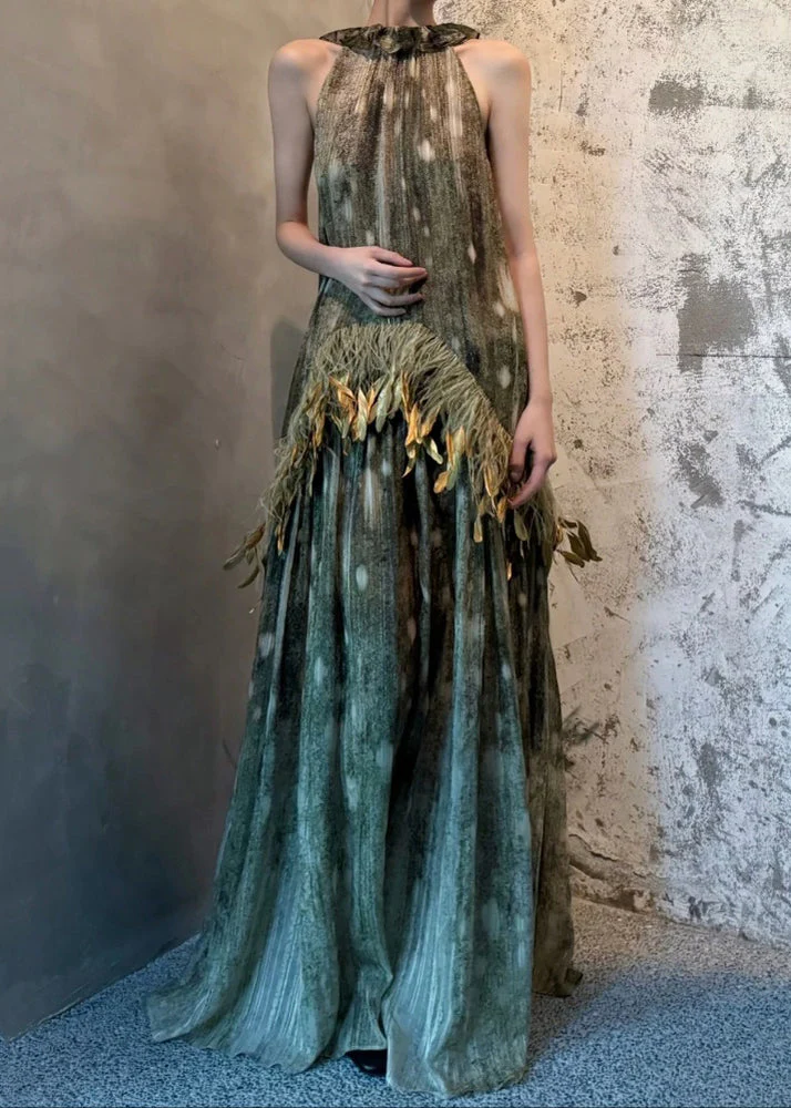 Italian Photo Color Lace Up Feather Patchwork Silk Long Dresses Sleeveless