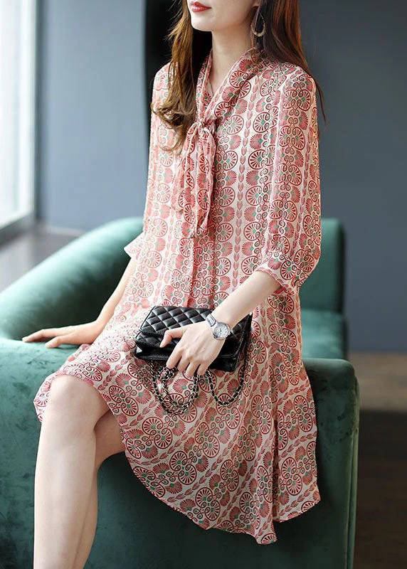 Italian Pink Bow Print Patchwork Chiffon Mid Dress Summer - Image 2