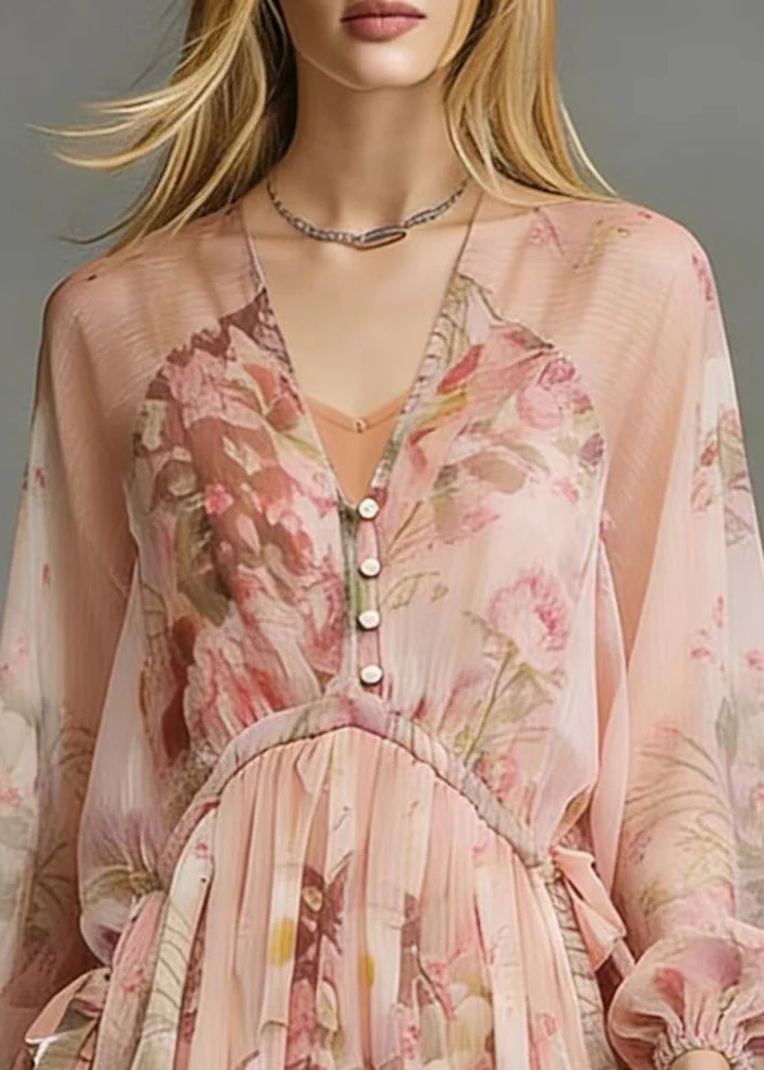 Italian Pink Cinched Print Chiffon Tea Dress Spring - Image 2