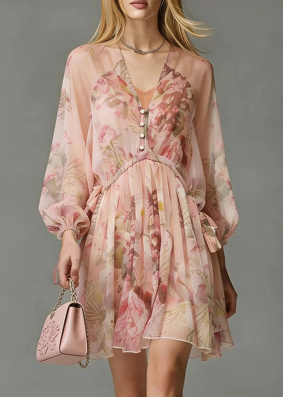 Italian Pink Cinched Print Chiffon Tea Dress Spring - Image 3