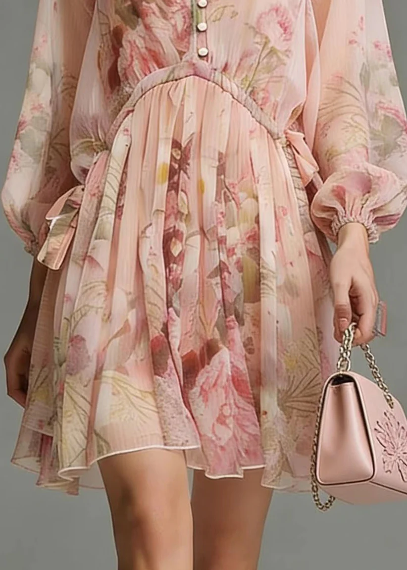 Italian Pink Cinched Print Chiffon Tea Dress Spring - Image 4