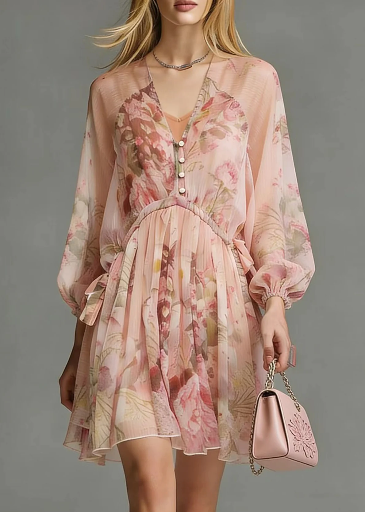 Italian Pink Cinched Print Chiffon Tea Dress Spring - Image 5