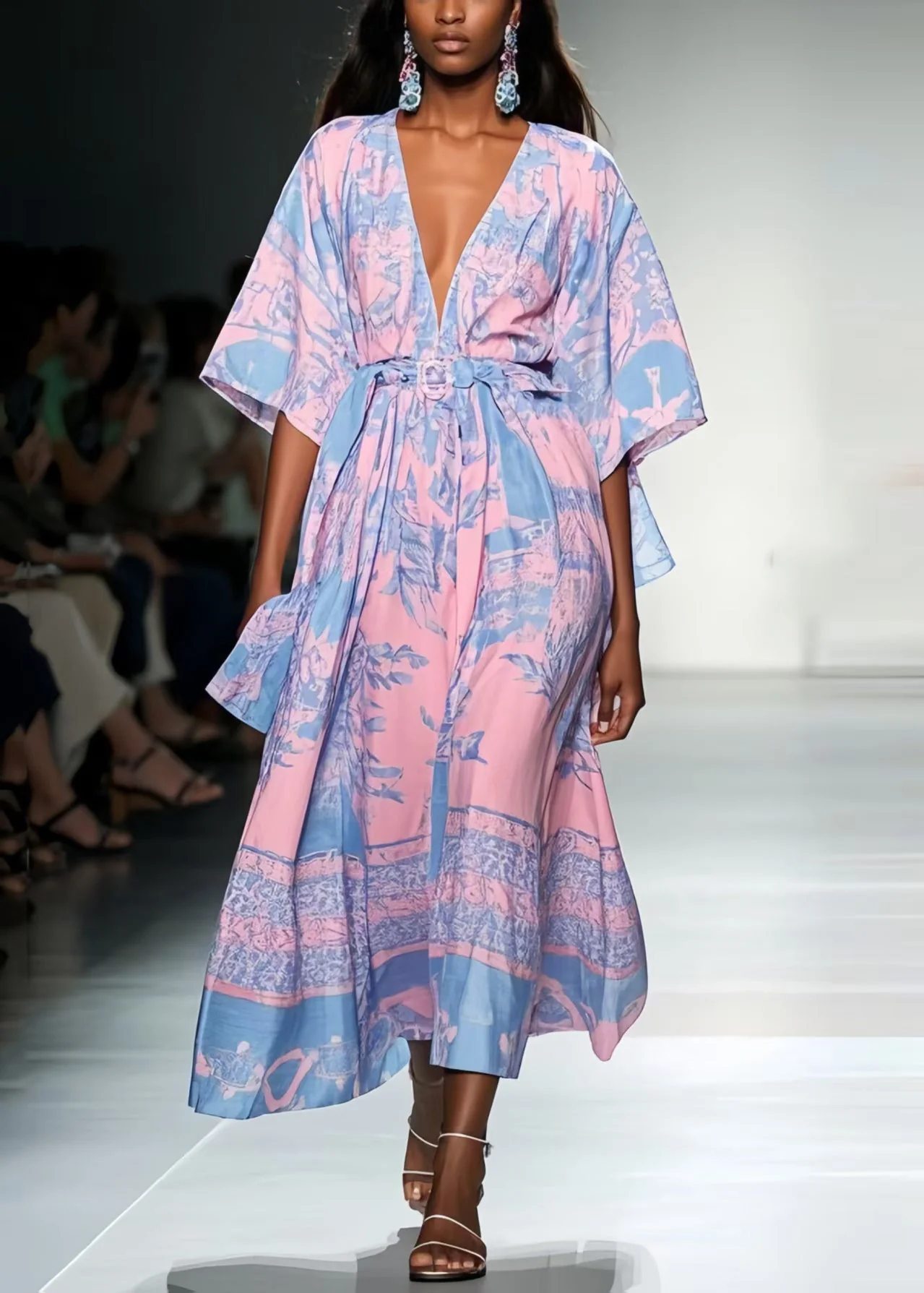 Italian Pink Cinched Print Chiffon Tunic Dress Summer - Image 3