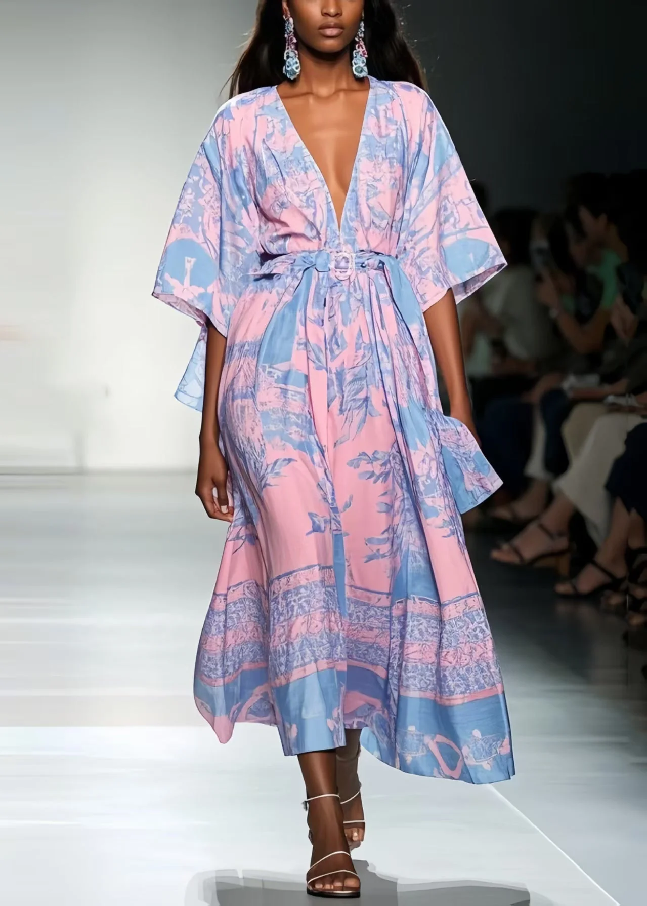 Italian Pink Cinched Print Chiffon Tunic Dress Summer - Image 5