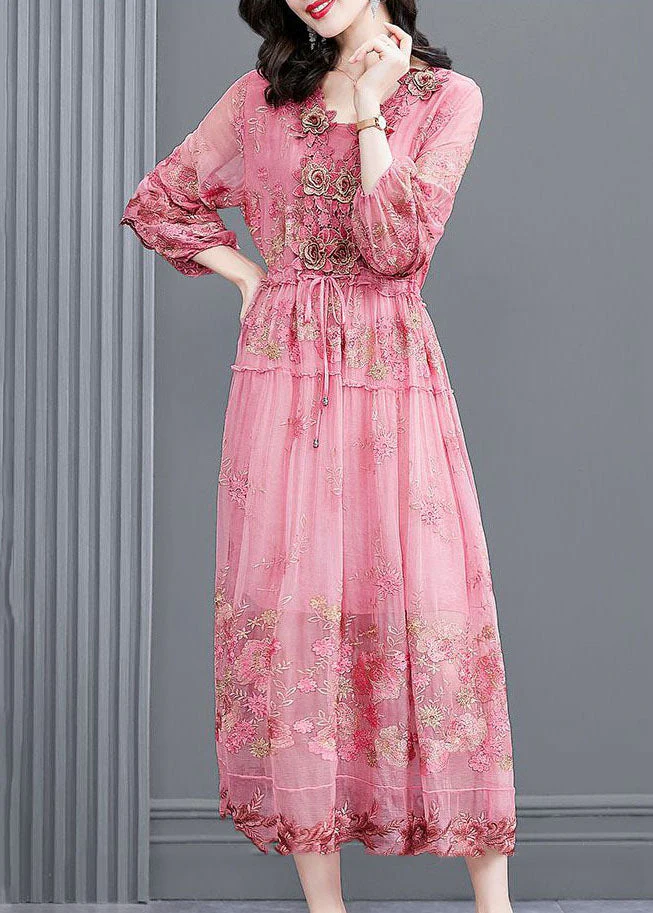 Italian Pink Embroidered Floral Silk Cinched Dresses Bracelet Sleeve - Image 2