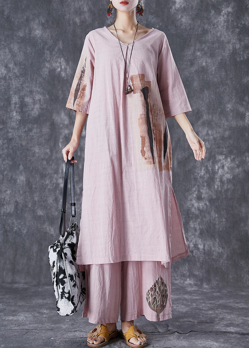 Italian Pink Oversized Print Linen Dress And Pants Women Sets 2 Pieces Summer