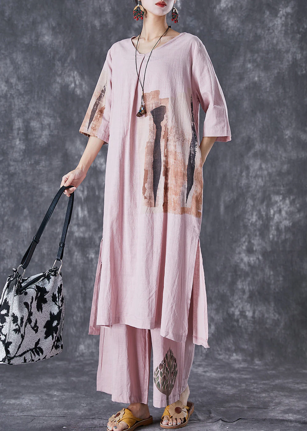 Italian Pink Oversized Print Linen Dress And Pants Women Sets 2 Pieces Summer - Image 2