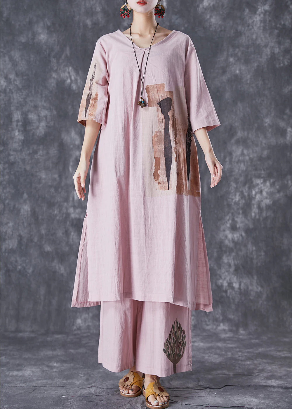 Italian Pink Oversized Print Linen Dress And Pants Women Sets 2 Pieces Summer - Image 3