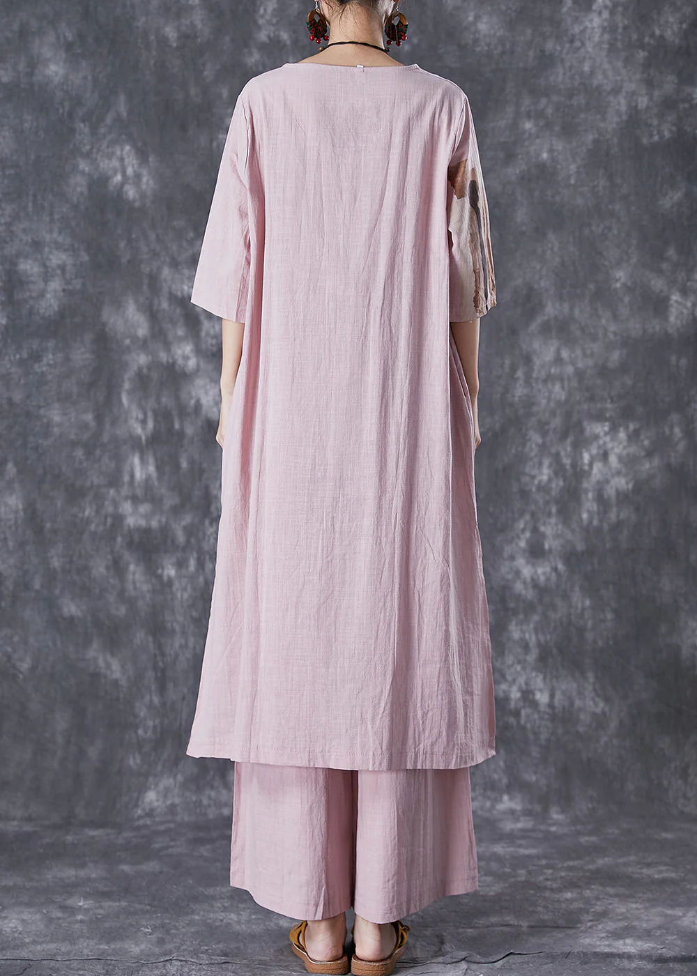 Italian Pink Oversized Print Linen Dress And Pants Women Sets 2 Pieces Summer - Image 4