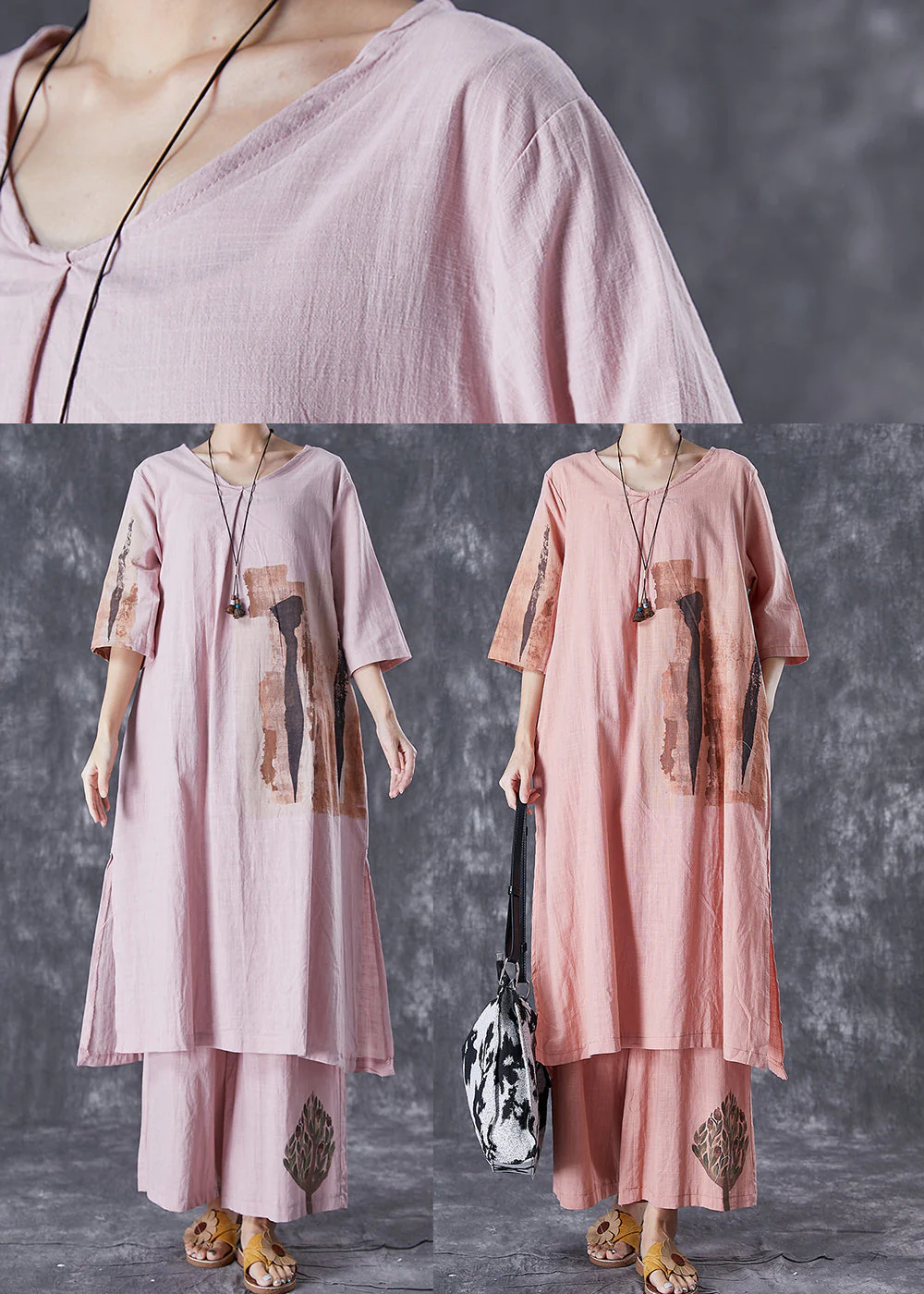 Italian Pink Oversized Print Linen Dress And Pants Women Sets 2 Pieces Summer - Image 5