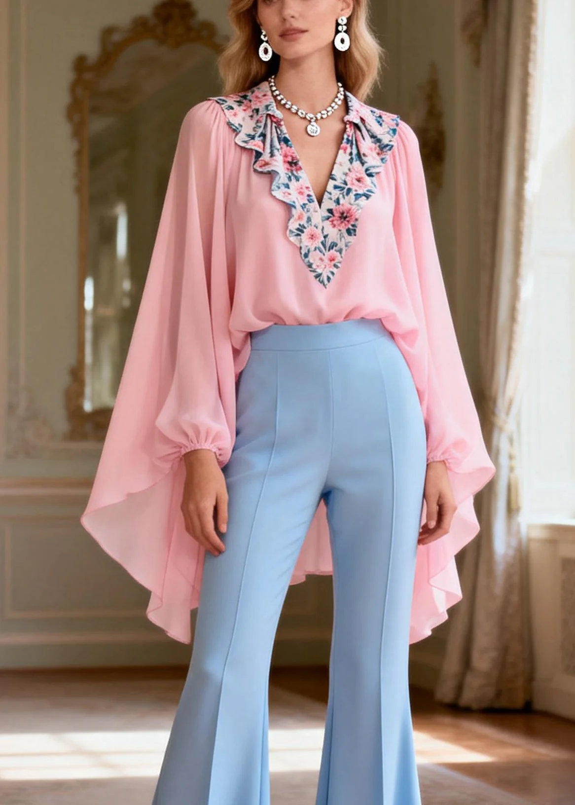 Italian Pink Print Patchwork Chiffon Top And Flared Trousers Two Pieces Set Lantern Sleeve - Image 2