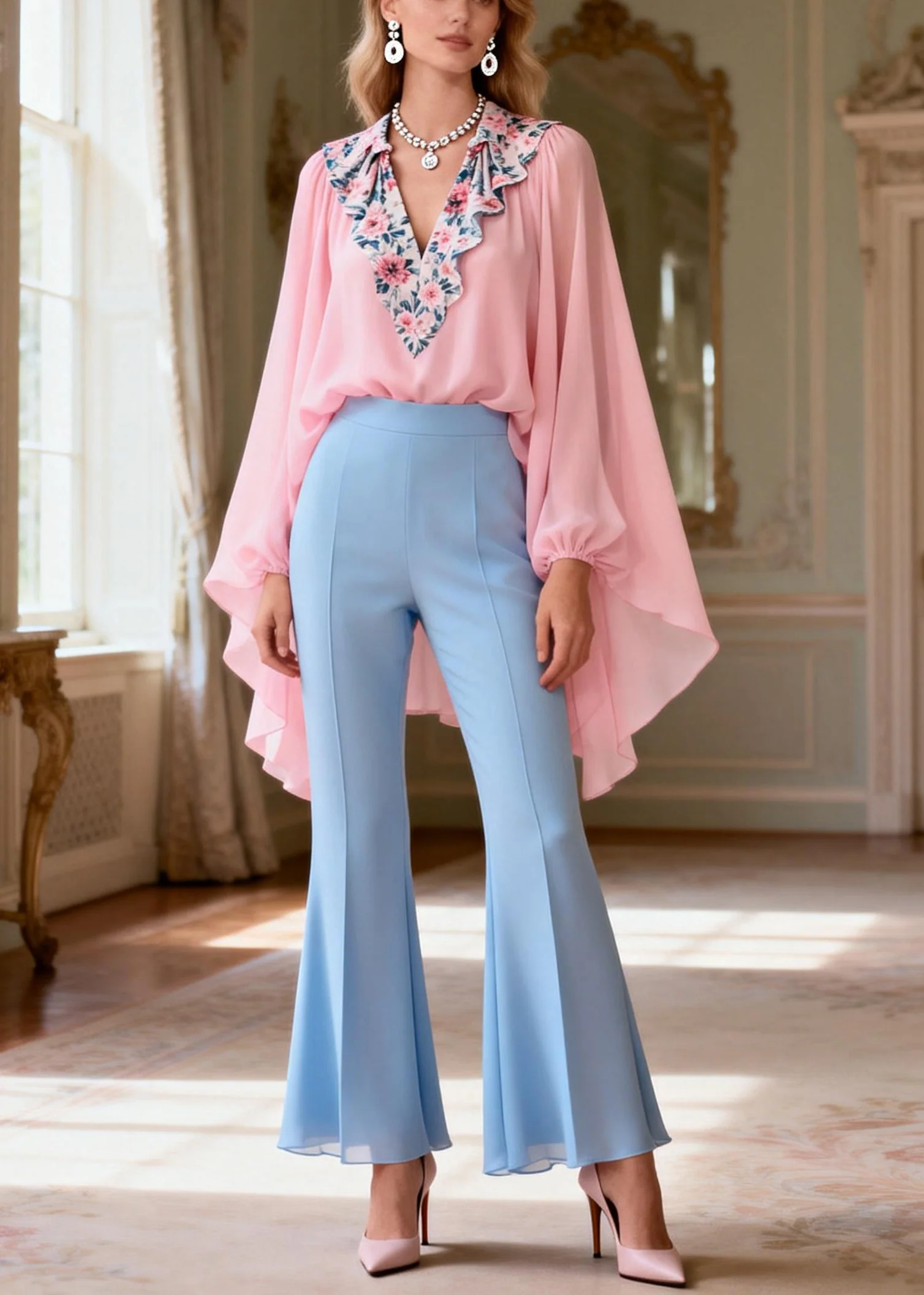 Italian Pink Print Patchwork Chiffon Top And Flared Trousers Two Pieces Set Lantern Sleeve - Image 3