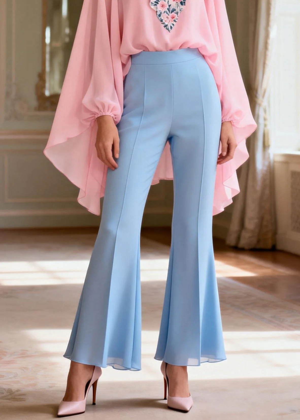 Italian Pink Print Patchwork Chiffon Top And Flared Trousers Two Pieces Set Lantern Sleeve - Image 4