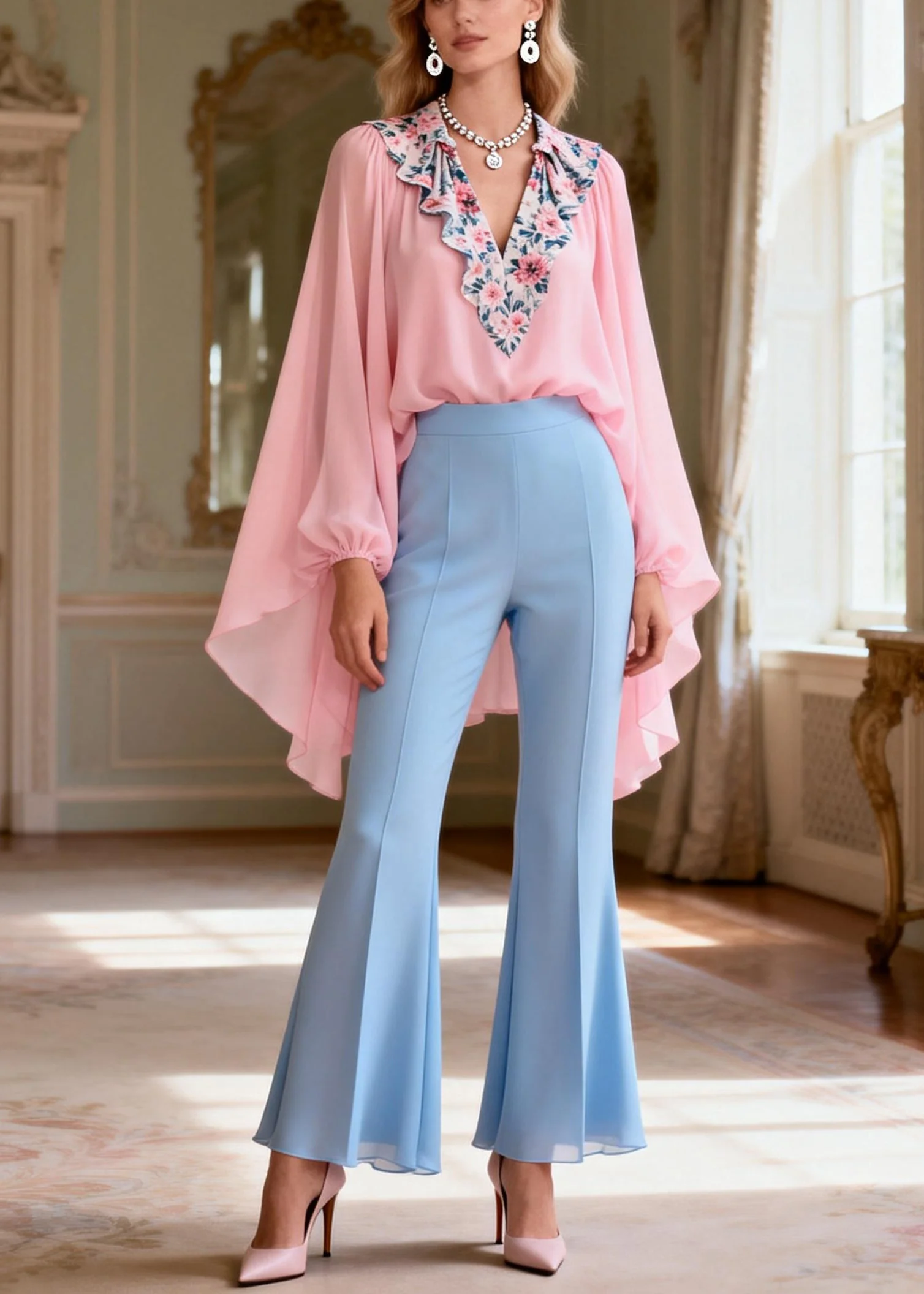 Italian Pink Print Patchwork Chiffon Top And Flared Trousers Two Pieces Set Lantern Sleeve - Image 5