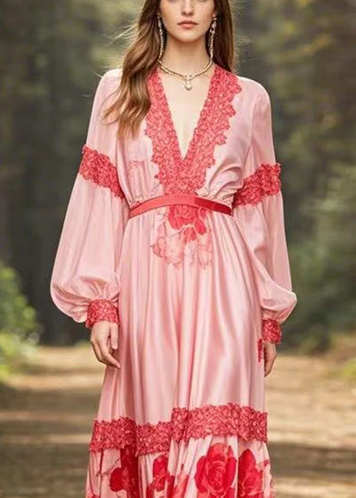 Italian Pink V Neck Print High Waist Silk Maxi Dress Spring - Image 2