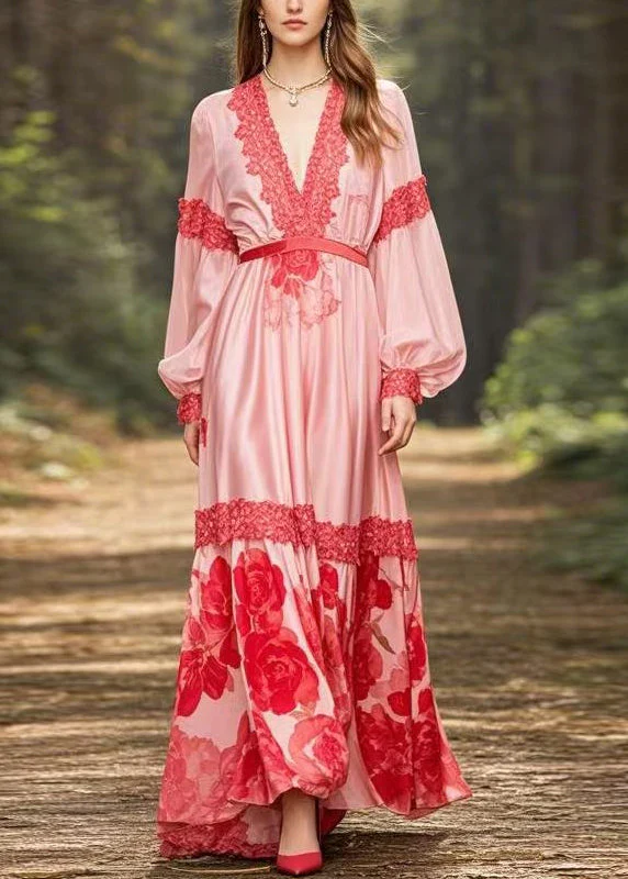 Italian Pink V Neck Print High Waist Silk Maxi Dress Spring - Image 3