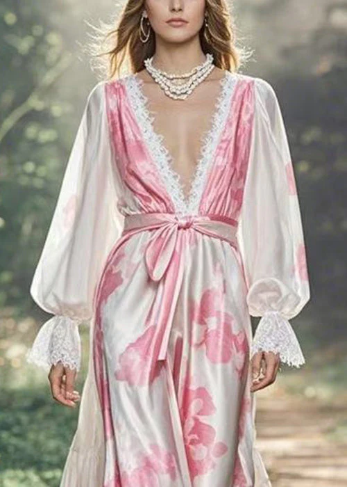 Italian Print Tie Waist Silk Maxi Dresses Flare Sleeve - Image 2