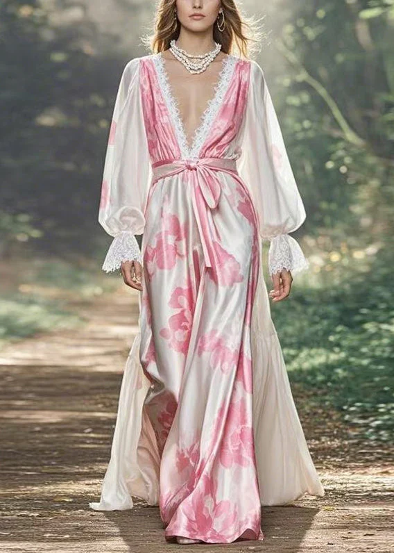 Italian Print Tie Waist Silk Maxi Dresses Flare Sleeve - Image 3
