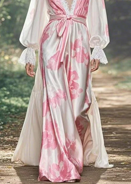 Italian Print Tie Waist Silk Maxi Dresses Flare Sleeve - Image 4