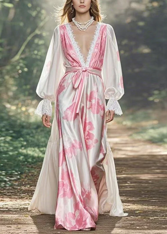 Italian Print Tie Waist Silk Maxi Dresses Flare Sleeve - Image 5