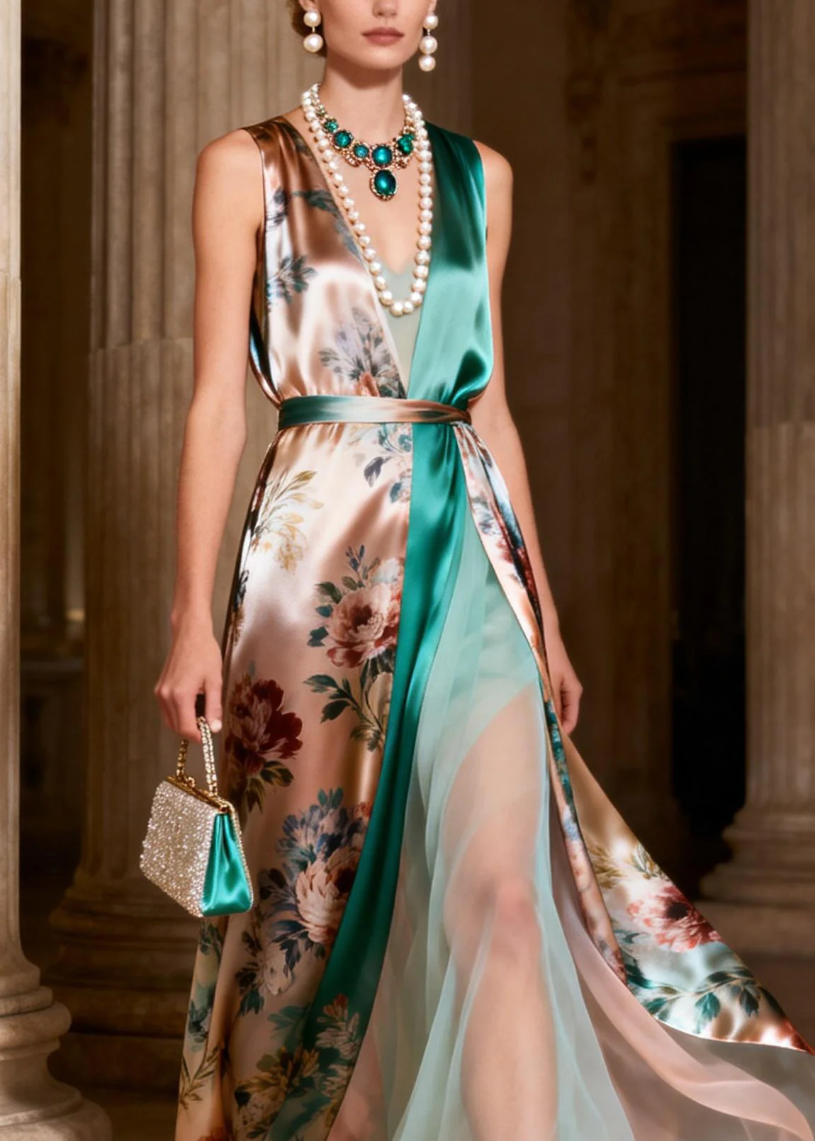 Italian Print Tulle Patchwork Silk Long Spaghetti Strap Dresses Sleeveless - Image 2
