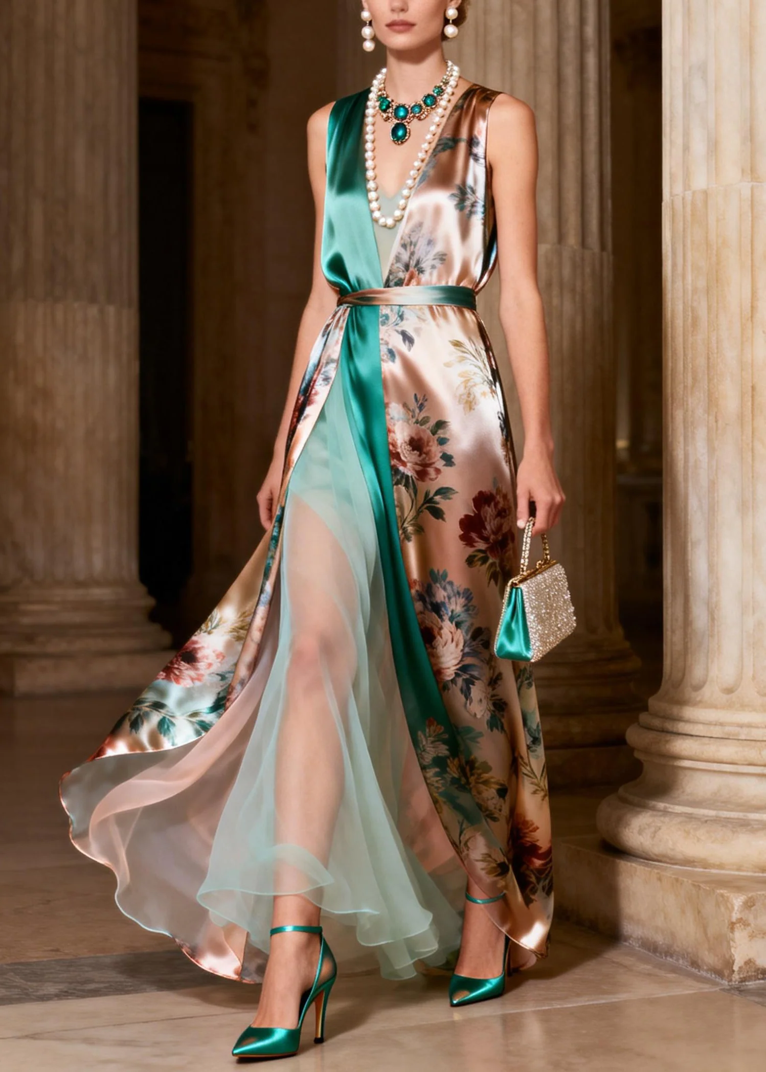 Italian Print Tulle Patchwork Silk Long Spaghetti Strap Dresses Sleeveless - Image 3