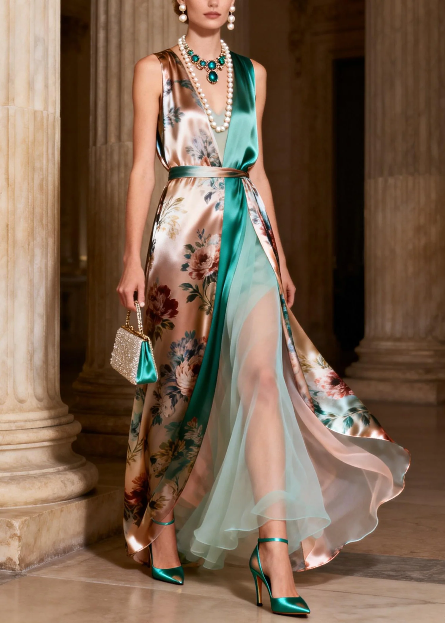 Italian Print Tulle Patchwork Silk Long Spaghetti Strap Dresses Sleeveless - Image 5