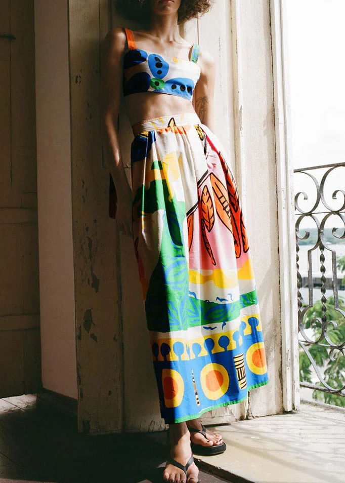 Italian Print Vest And A Line Skirts Two Piece Set Summer - Image 2