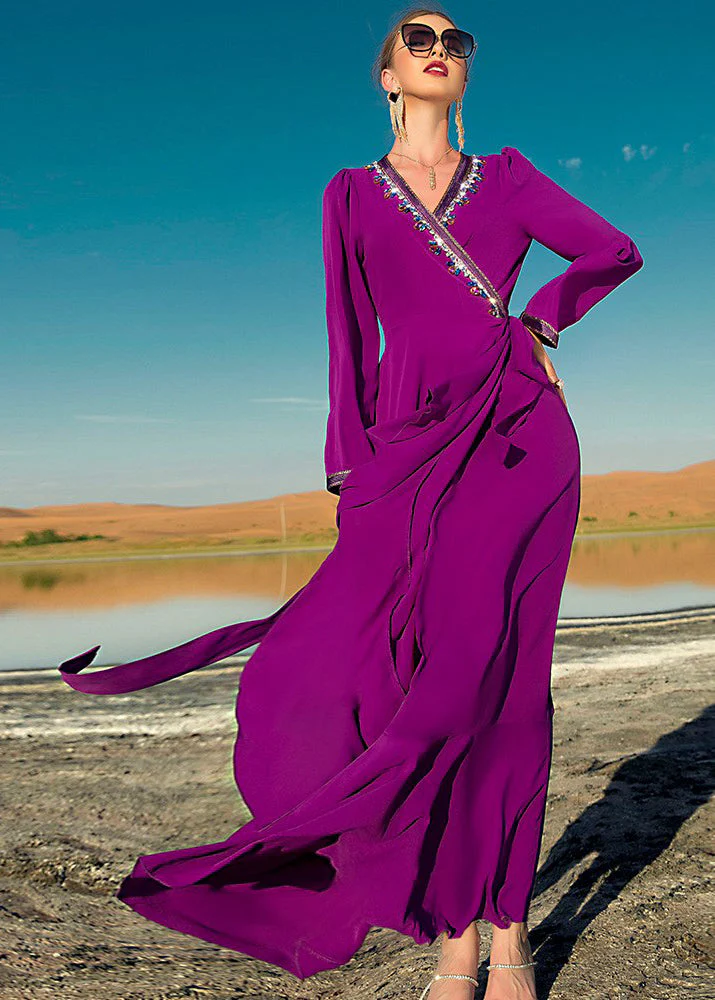 Italian Purple Asymmetrical Ruffled Patchwork Tassel Chiffon Maxi Dress Long Sleeve - Image 3