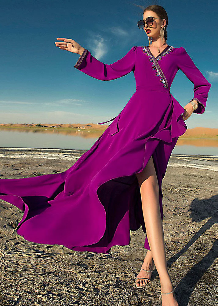 Italian Purple Asymmetrical Ruffled Patchwork Tassel Chiffon Maxi Dress Long Sleeve - Image 4