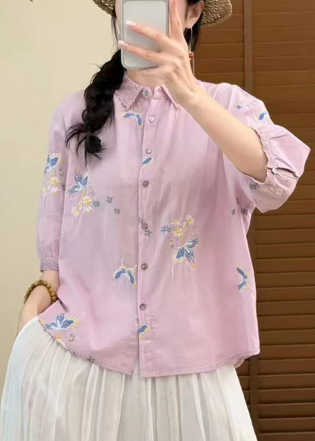 Italian Purple Embroidered Butterfly Cotton Shirts Summer - Image 2