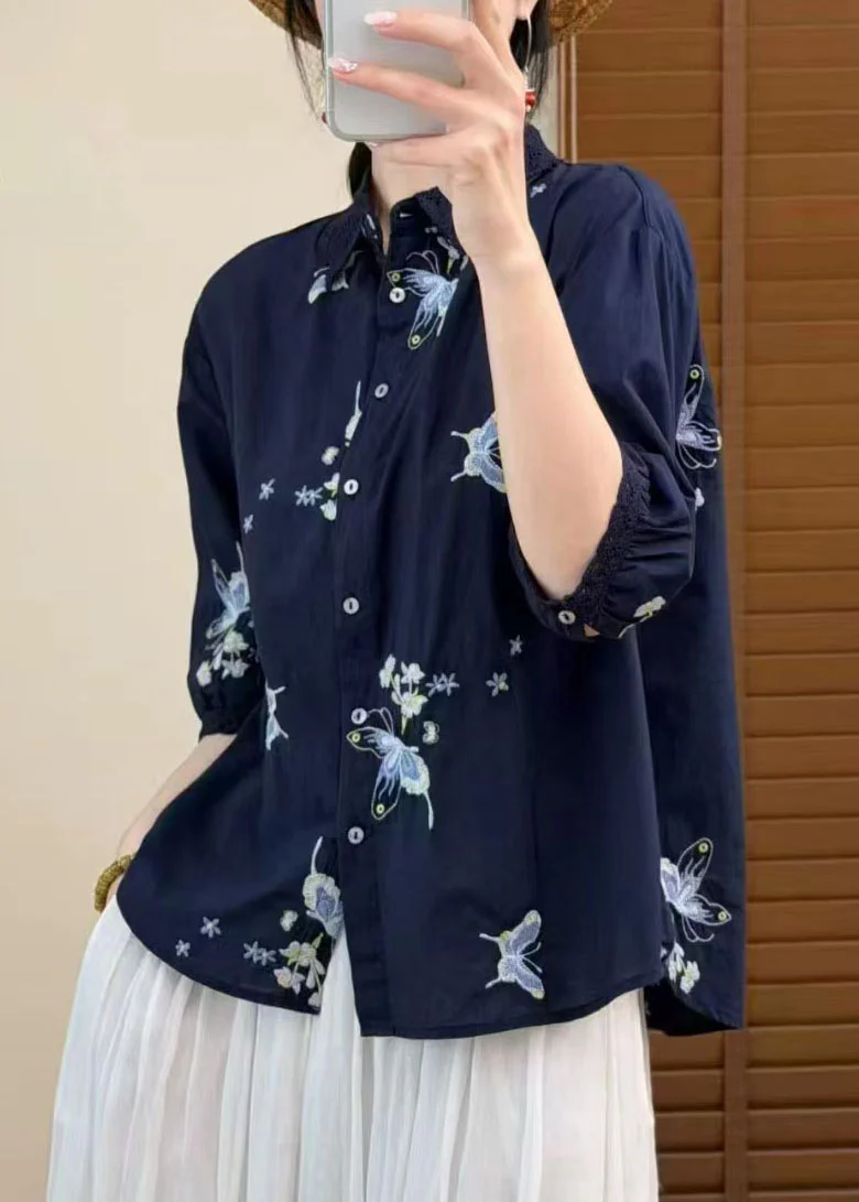 Italian Purple Embroidered Butterfly Cotton Shirts Summer - Image 3