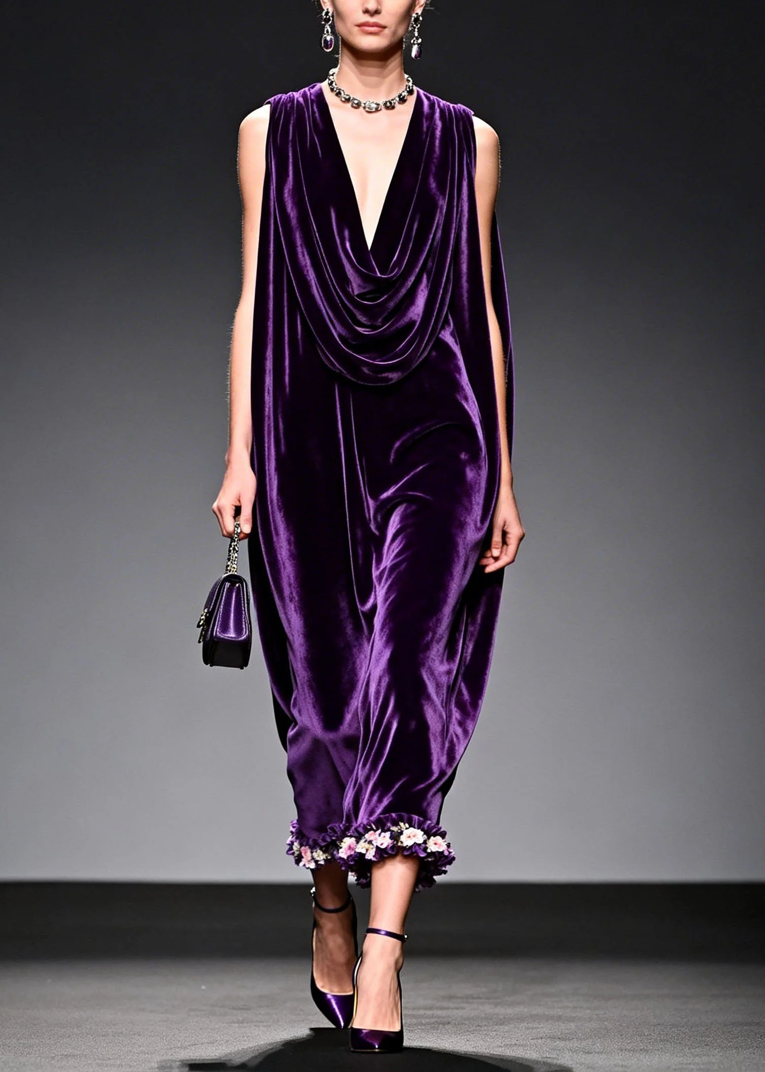 Italian Purple Floral Patchwork Velvet Long Dress Sleeveless - Image 3