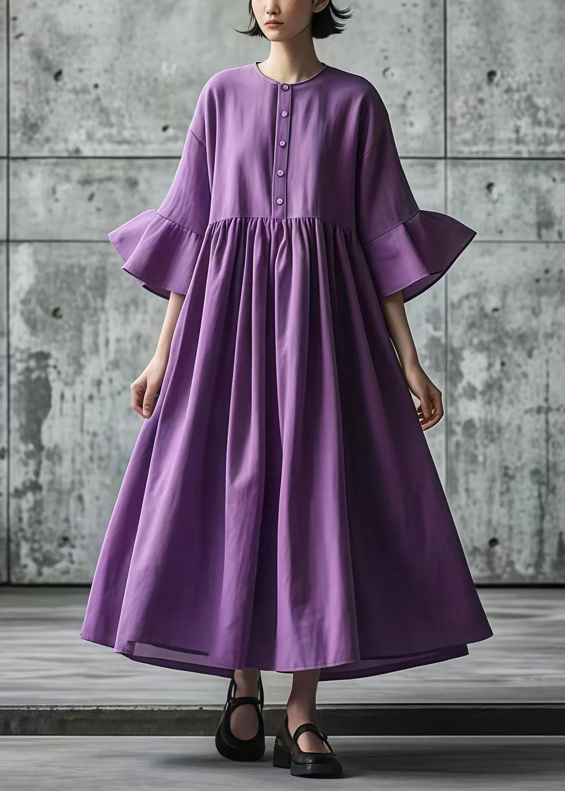 Italian Purple Oversized Exra Large Hem Cotton Long Dress Flare Sleeve - Image 3