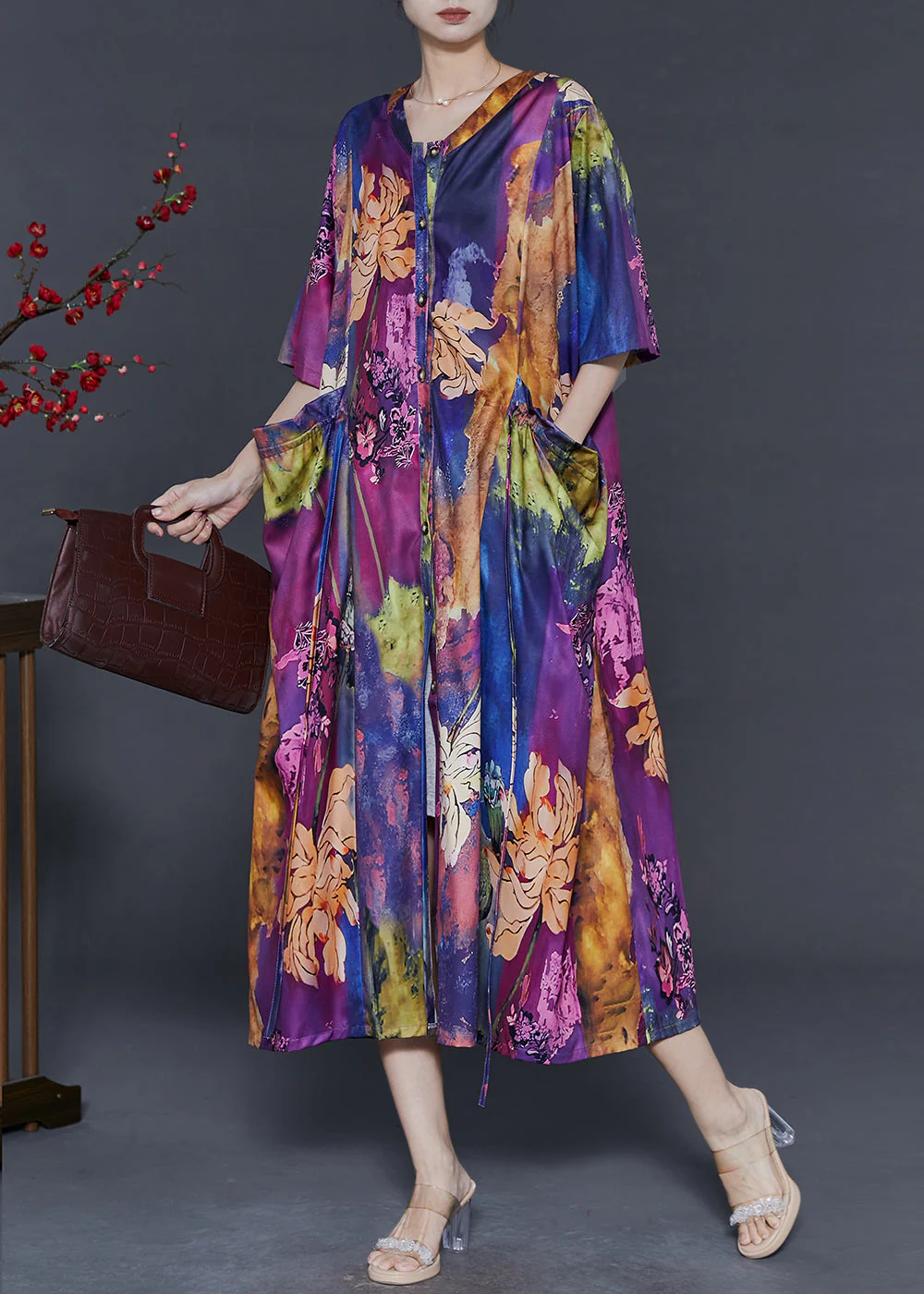 Italian Purple Oversized Print Silk Long Dress Summer - Image 2