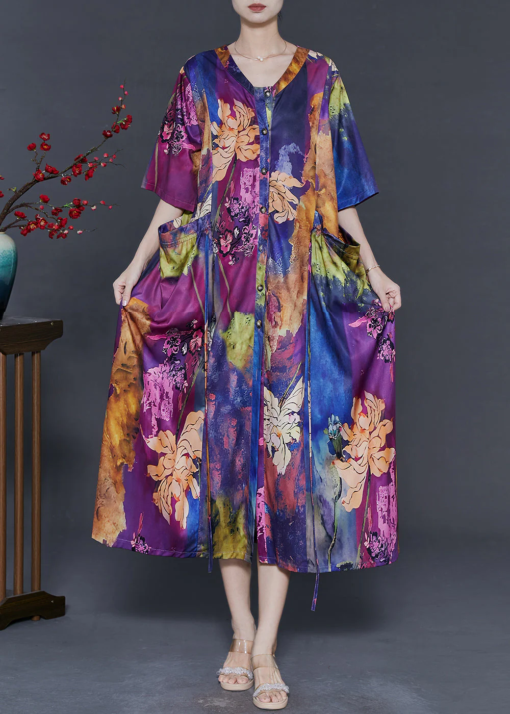 Italian Purple Oversized Print Silk Long Dress Summer - Image 3