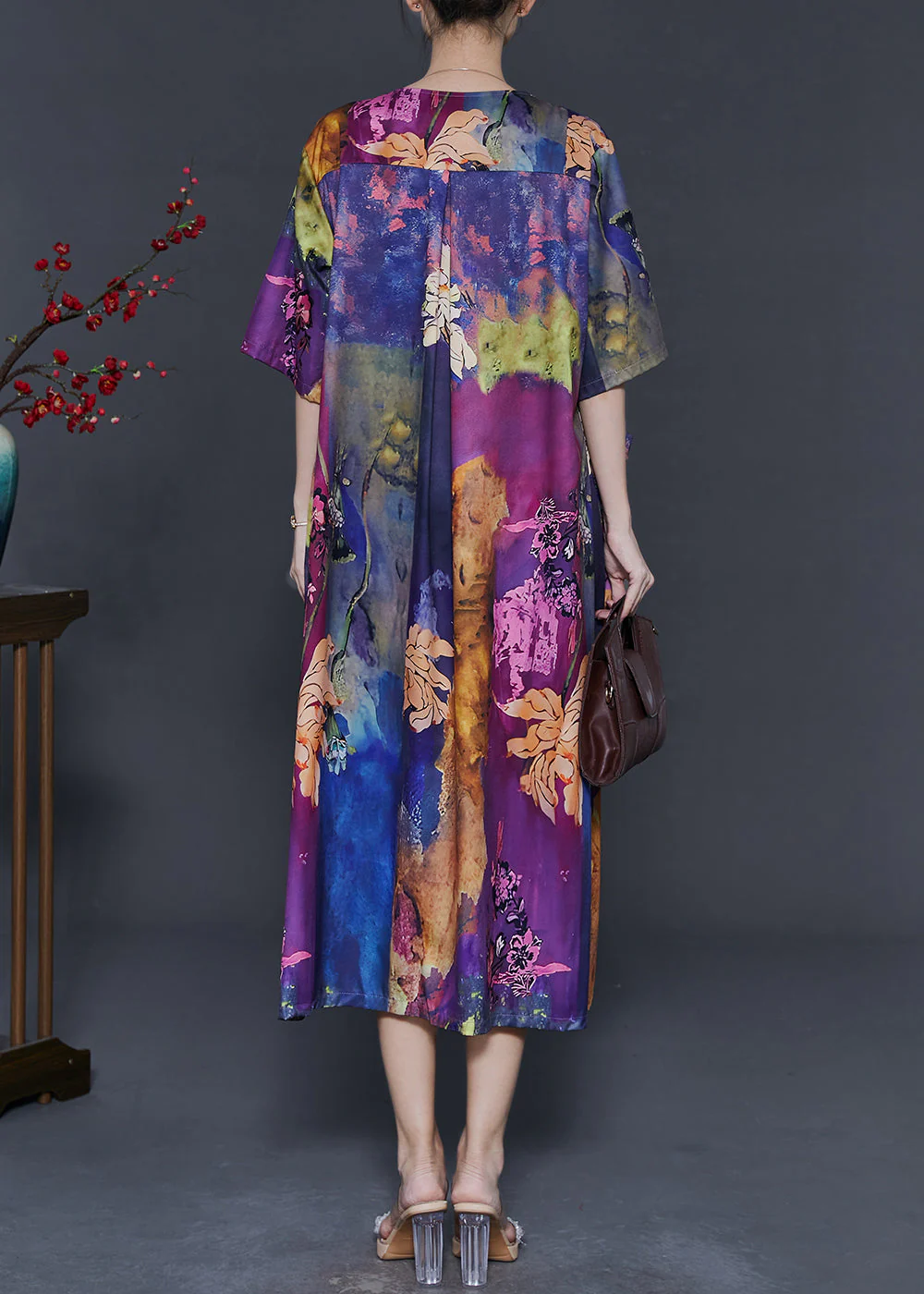 Italian Purple Oversized Print Silk Long Dress Summer - Image 4