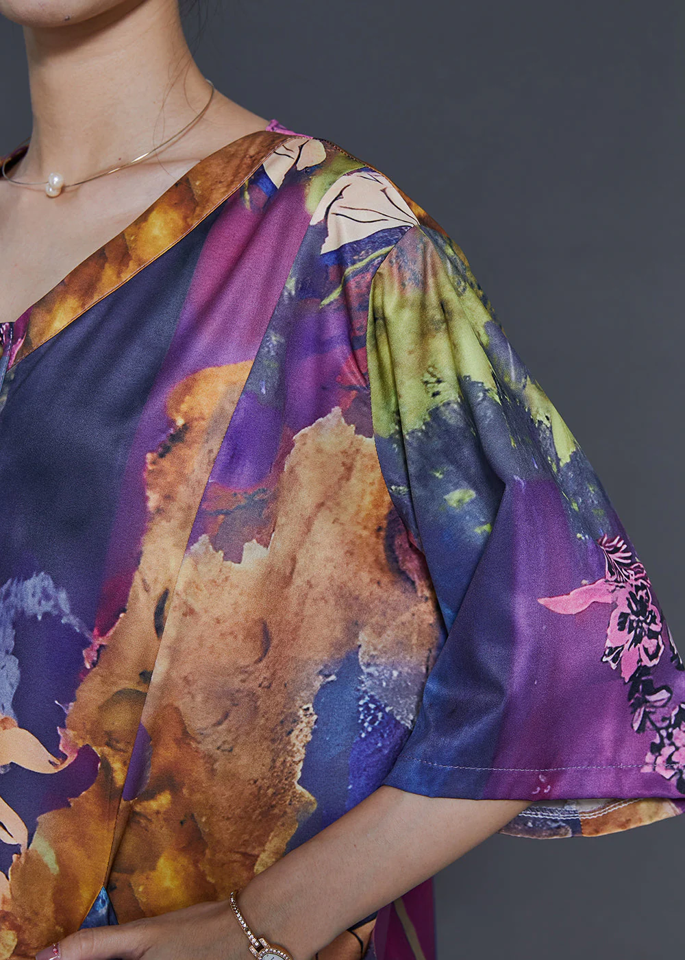 Italian Purple Oversized Print Silk Long Dress Summer - Image 5