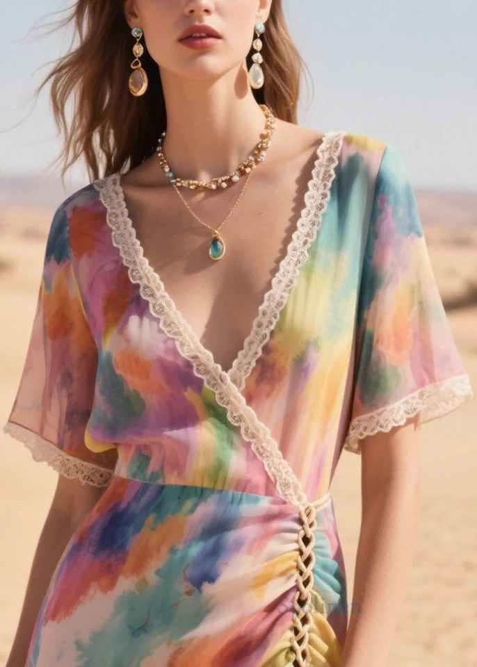 Italian Purple Print Cross Strap Chiffon Mini Dress Summer - Image 2