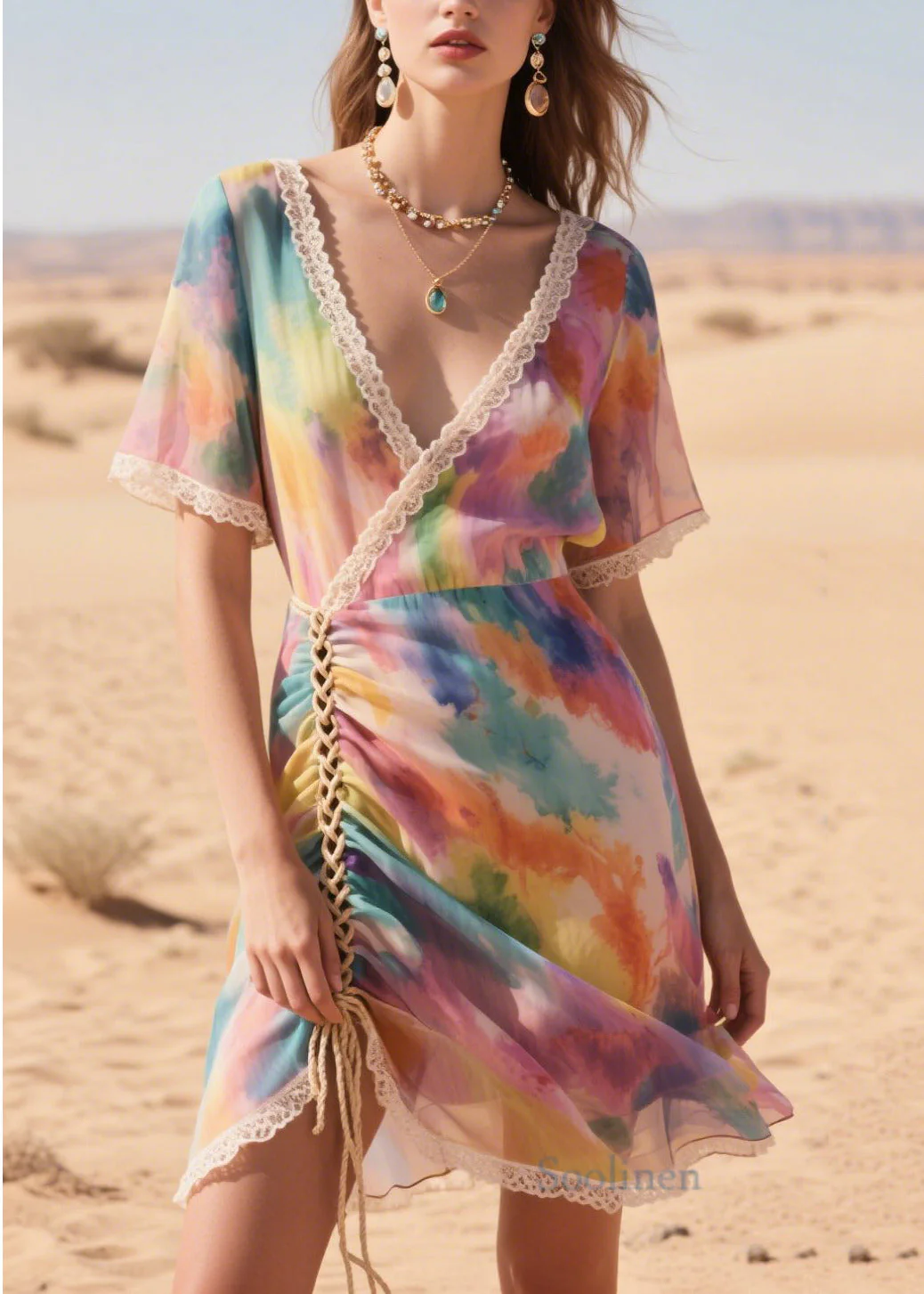 Italian Purple Print Cross Strap Chiffon Mini Dress Summer - Image 3
